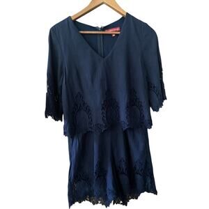 Saks Fifth Avenue Small Blue Crochet Embroidered Romper Shorts One Piece